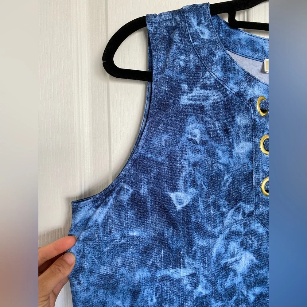 MICHAEL KORS Sleeveless Tie Dyed Denim Blue Lace Up Neck Tank Mini Dress Size L - Picture 7 of 14